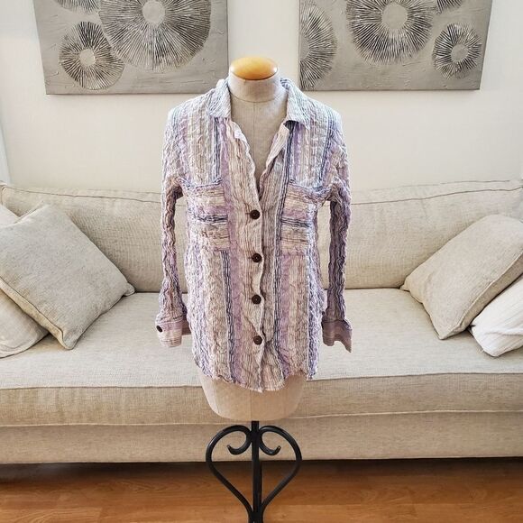 Free People High Tide Multistripe Shirt sz Large - Picture 2 of 10